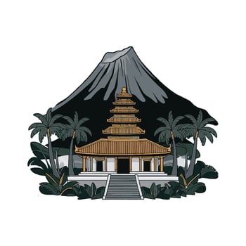 A pagoda and palm trees in front of a mountain vector