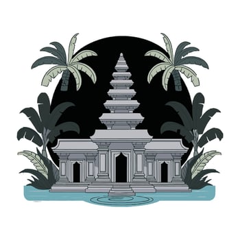 An illustration of a temple with palm trees and water vector