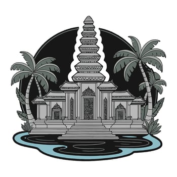 An image of a temple with palm trees and water vector