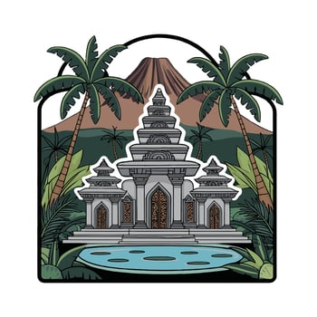 An illustration of a temple with a lake and palm trees vector