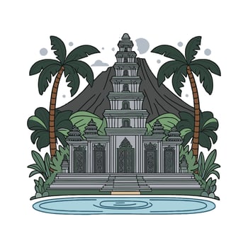 A temple with palm trees and a mountain in the background vector