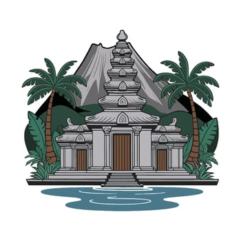 An illustration of a temple with palm trees and a mountain in the background vector
