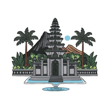 An illustration of a temple and palm trees vector