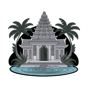A temple with palm trees and water vector