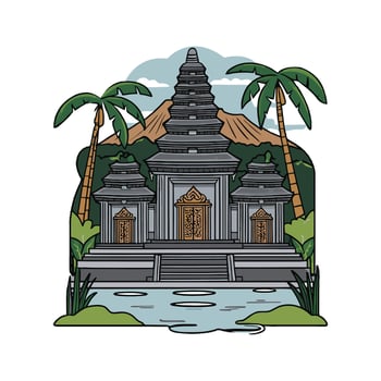 An illustration of a temple with palm trees and water vector