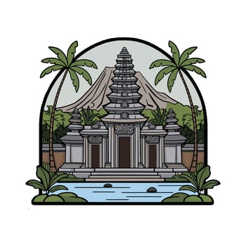 An illustration of a temple and palm trees vector