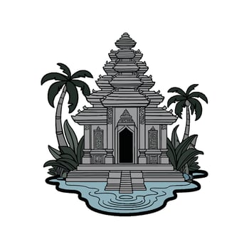 An ancient temple with palm trees and water vector