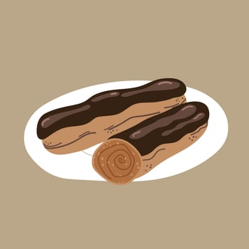 Hand drawn flat food illustration with eclair cake, french dessert on a plate, traditional cuisine. vector