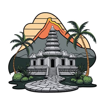 An old temple with palm trees and mountains vector