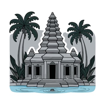 An ancient temple with palm trees and water vector