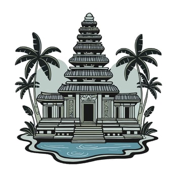 An ancient temple with palm trees and water vector