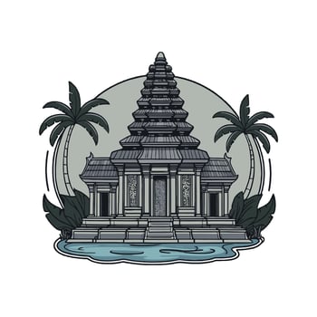 An ancient temple with palm trees and water vector