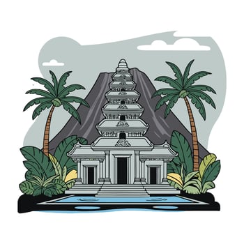 An illustration of a temple with palm trees and water vector