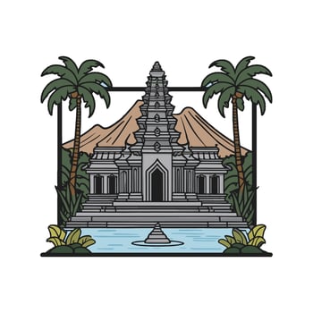 An image of a temple with palm trees and water vector