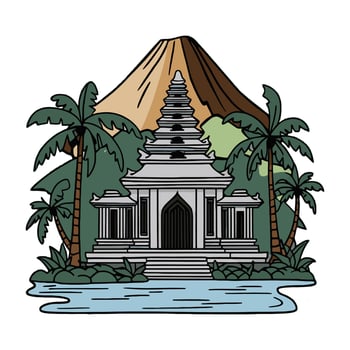 An image of a temple with palm trees and a mountain vector