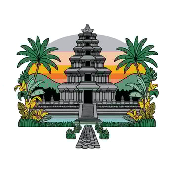An illustration of a temple with palm trees and a sunset vector
