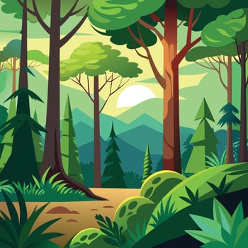 illustration of a forest landscape with trees and mountains vector