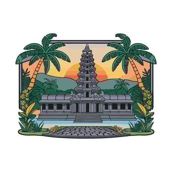 An image of a temple with palm trees and a sunset vector