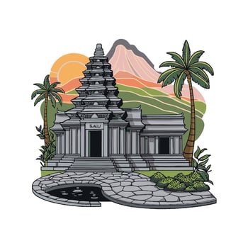 An illustration of a temple with palm trees and mountains vector