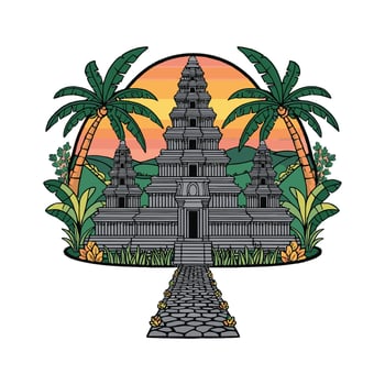 An image of a temple with palm trees and a sunset vector