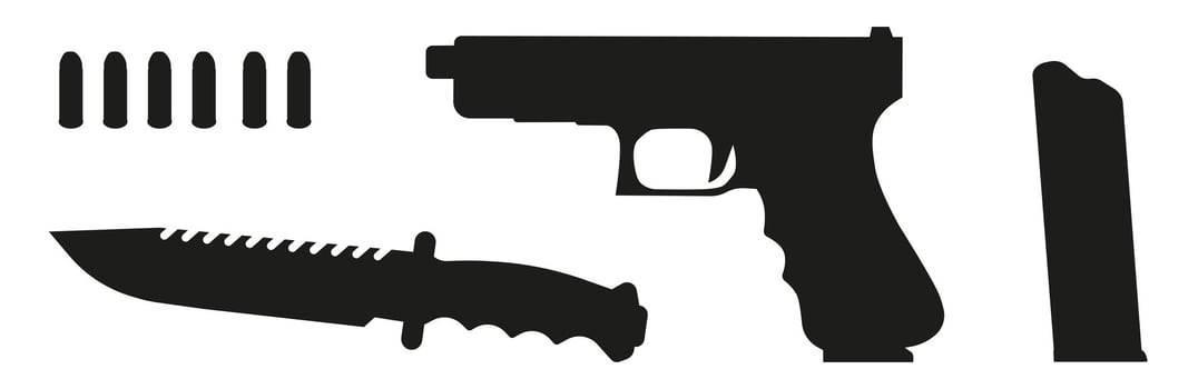 Knife and small-caliber pistol with cartridges. Graphics of weapons. vector