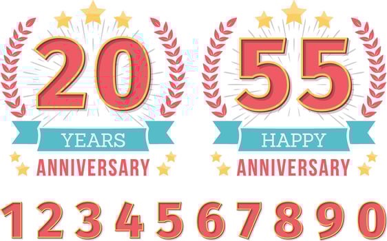 Anniversary emblem with ribbon, stars and laurel wreath, create your anniversary emblems, set of numbers included vector