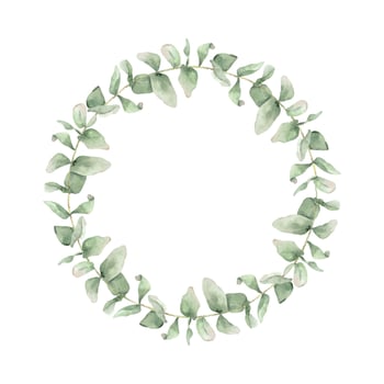 Eucalyptus leaves and green branches. Wreath of eucalyptus greenery. Hand drawn watercolor floral round frame. For wedding invitations, postcard design and stationery. vector