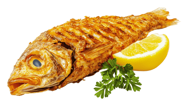 Crispy grilled fish with lemon and herbs served png