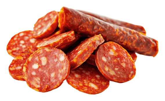 Assorted slices of spicy cured sausage on display png
