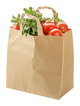 Fresh tomatoes and greens in a paper bag png