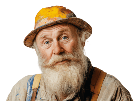 Elderly painter wearing a colorful hat and apron png