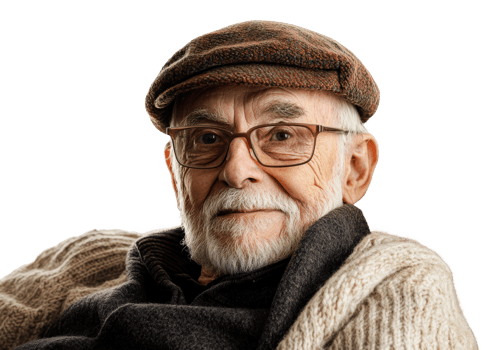 Elderly man with glasses wearing a cap and sweater png