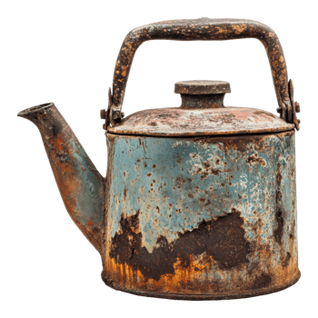 Vintage kettle with rust and peeling paint png