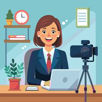 businesswoman sitting at desk with laptop and camera vector