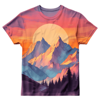 Vibrant Landscape Print T-Shirt with Mountains, Trees, and Sun or Moon png