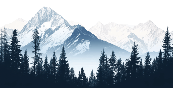 Snowy peaks ringed by tall evergreens png