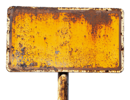 Weathered yellow sign on rusty pole in urban area png