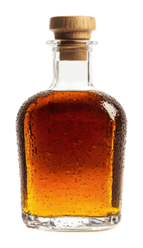 Elegant glass bottle filled with amber liquid png