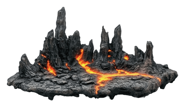 Rocky volcanic landscape with lava flow at night png