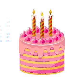 Layered pink birthday cake with three lit striped candles on white background. Pink wedding cake with creamy. Celebration concept. Design for greeting card, invitation, poster, banner. vector
