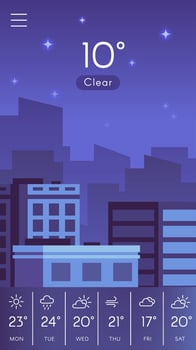 Mobile weather application displaying a clear night sky over a city skyline, providing current temperature and a weekly weather forecast with varying conditions vector