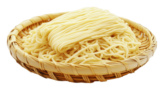 Freshly prepared noodles in a bamboo basket png