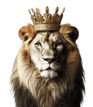 Majestic lion wearing a golden crown png