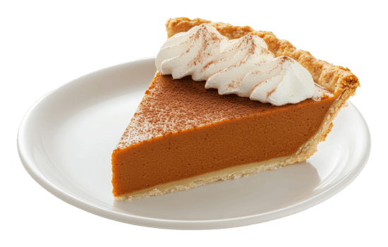 Delicious slice of pumpkin pie with whipped cream png