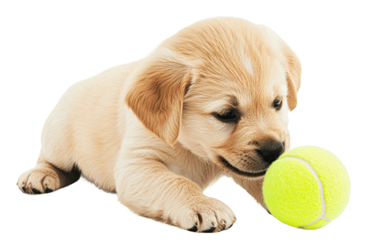 Cute puppy playing with a bright tennis ball png