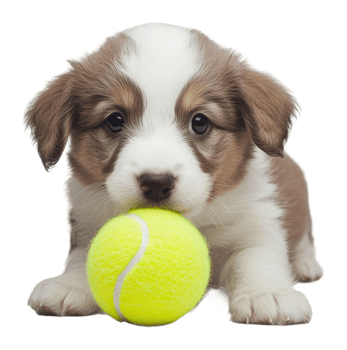 Puppy playing happily with a bright yellow ball png