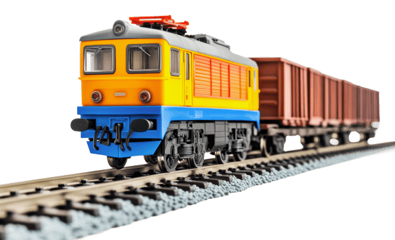 Colorful model train on tracks with freight cars png