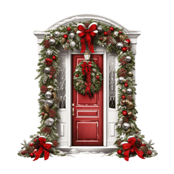 Traditional Red Holiday Door Decorated with Wreath png