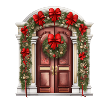 Traditional Holiday Doorway with Wreath and Garland Decorations png