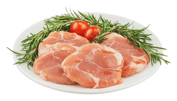 Fresh pork chops with herbs and tomatoes on plate png